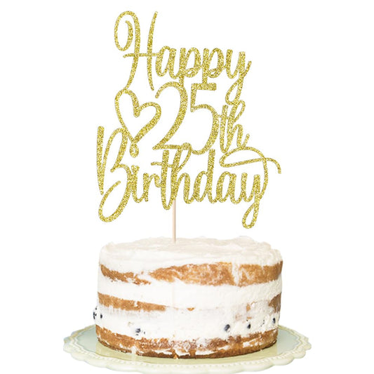 Florcmet gold glitter Happy 25th topper on cake for festive sparkle.
