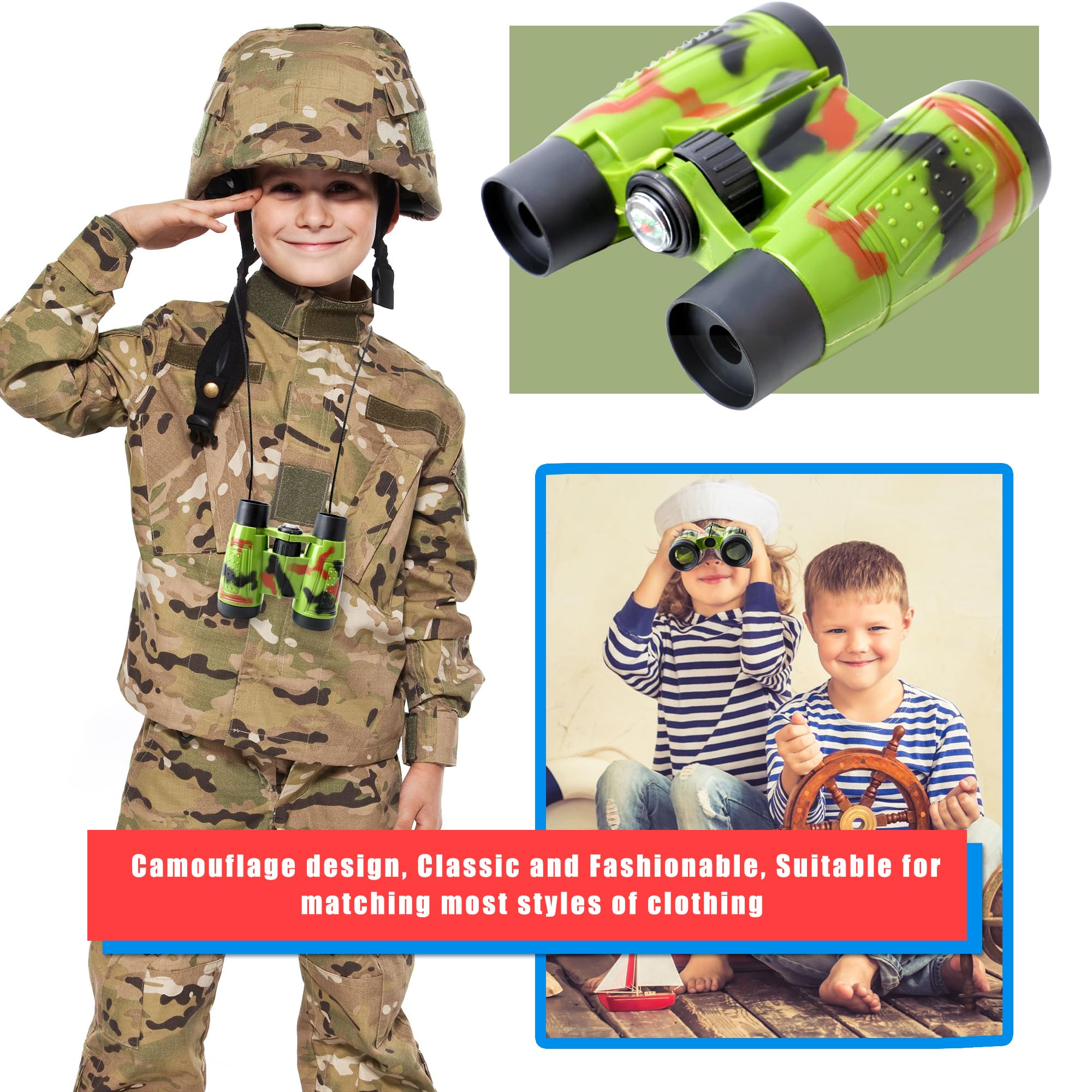 Flotory safari binoculars camouflage close-up emphasizing kid-friendly design.