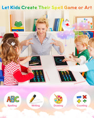 FLUESTON tablet screen shows colorful lines for mess-free art sessions