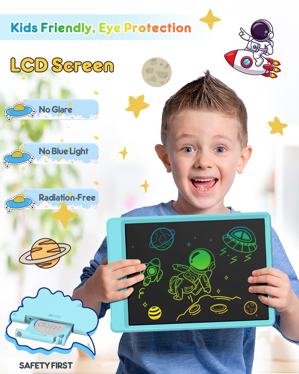 FLUESTON LCD writing tablet in use with a kid painting on a table for portable learning.