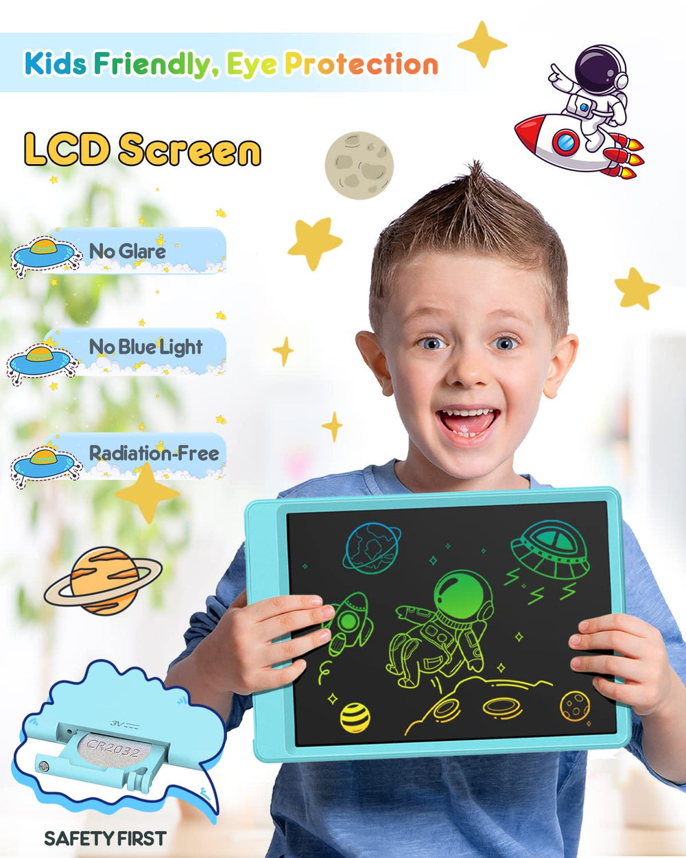 FLUESTON LCD writing tablet in use with a kid painting on a table for portable learning.