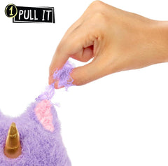 Fluffie Stuffiez pull fluff interaction demonstrates interactive play and reveal action.
