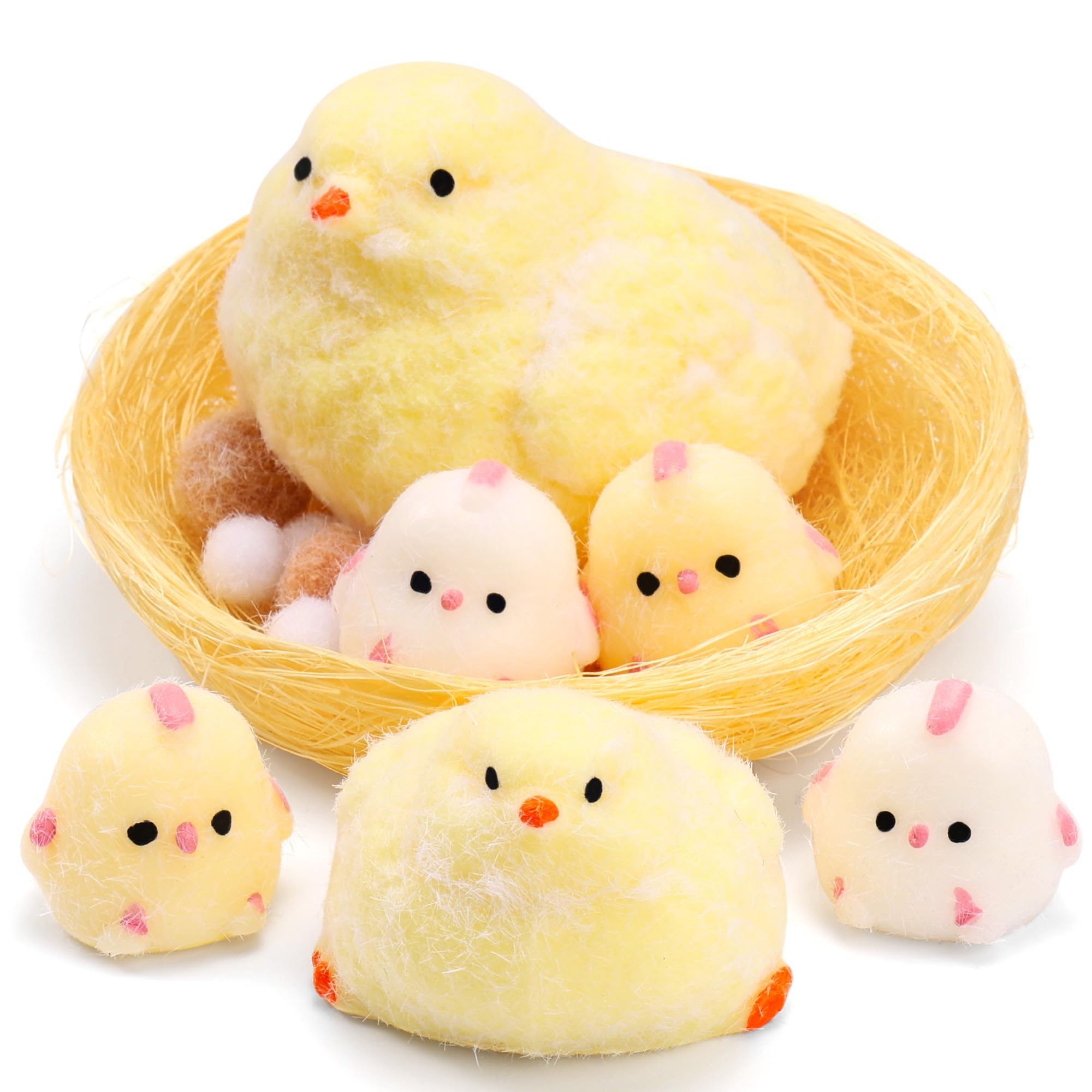 FlufiFiea 6Pcs Taba squishy chicks set for desk stress relief and focused study.