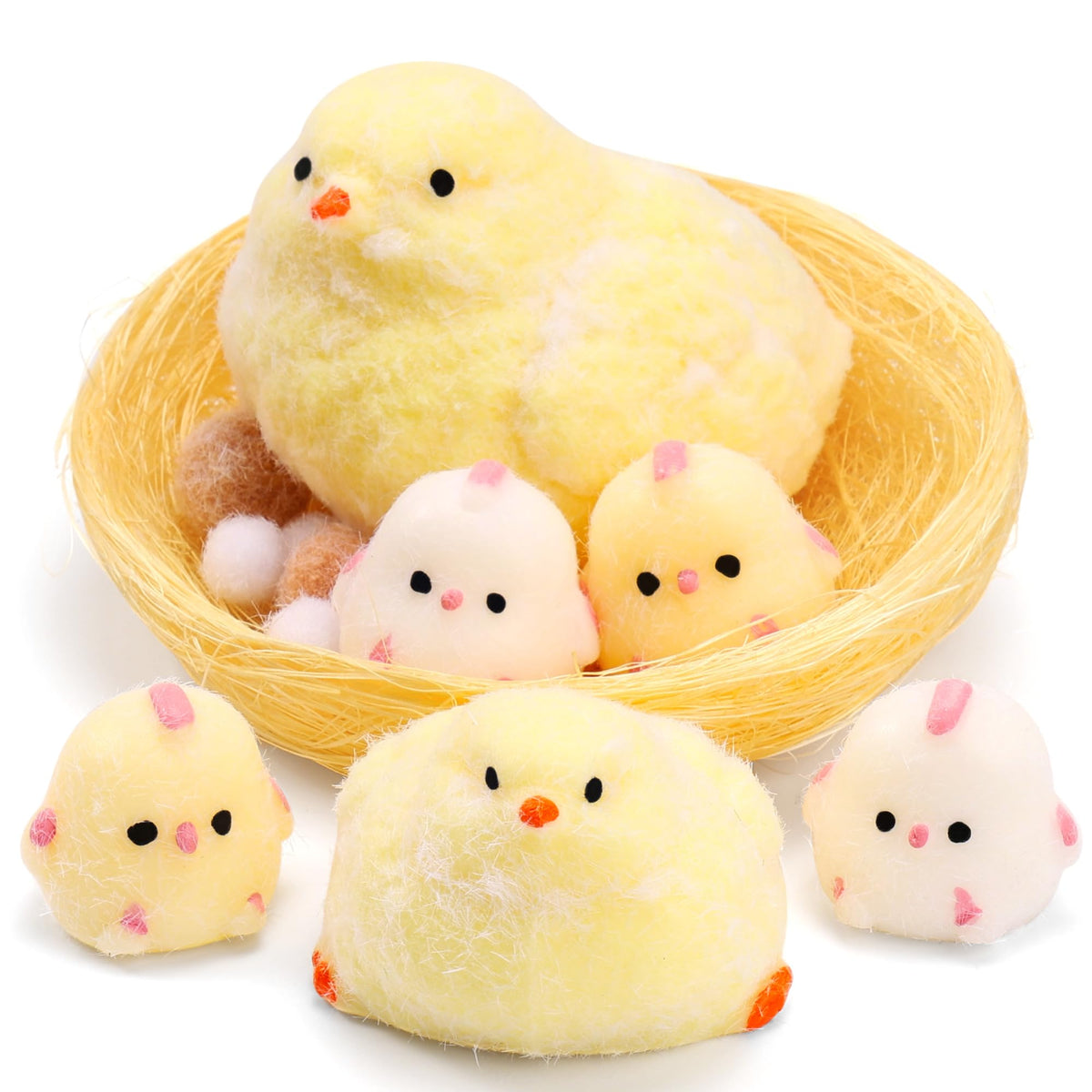 FlufiFiea 6Pcs Taba squishy chicks set for desk stress relief and focused study.