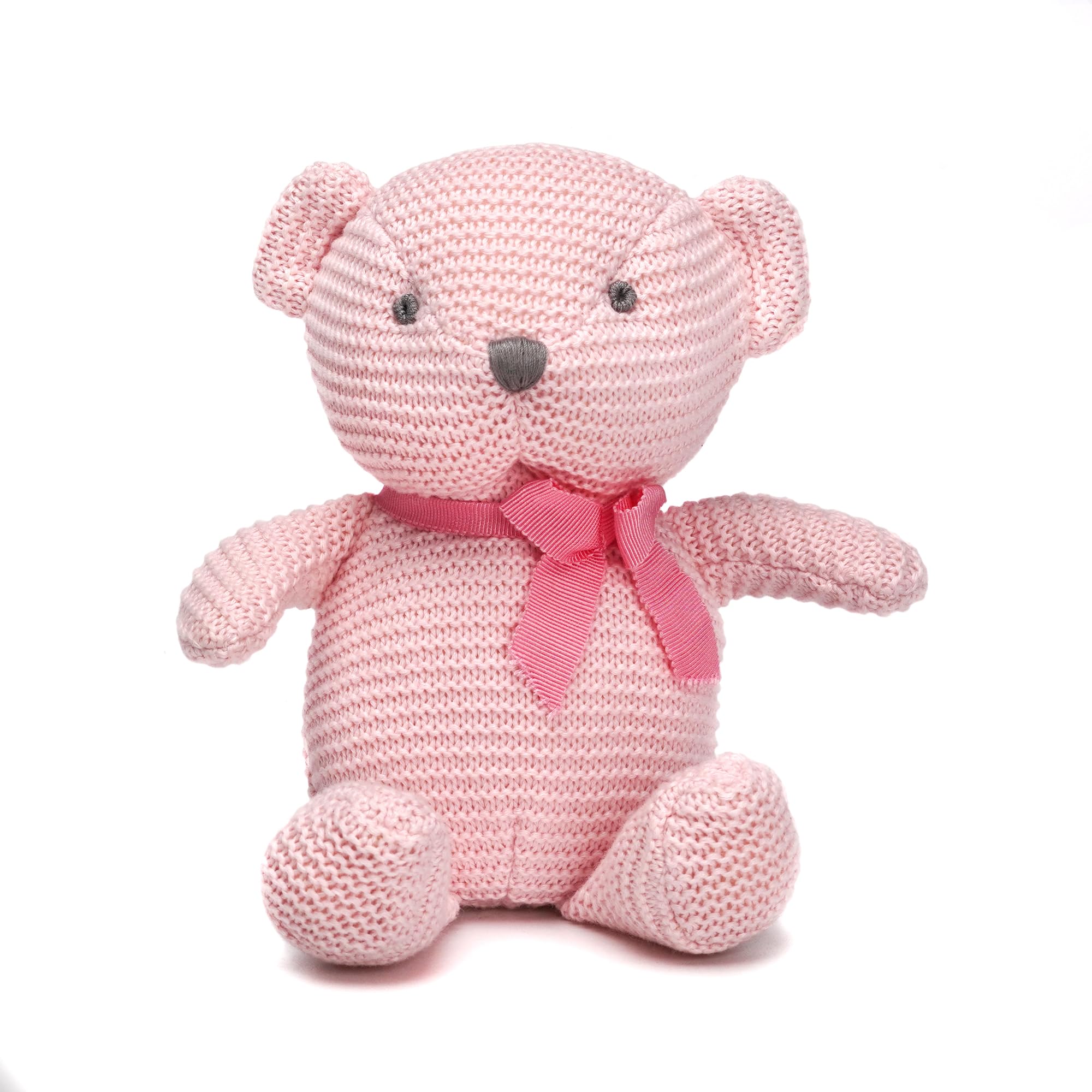 FluffyFun pink teddy bear plush seated for newborn cuddling, soft texture, and comforting grip.