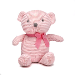 FluffyFun pink teddy bear plush seated for newborn cuddling, soft texture, and comforting grip.