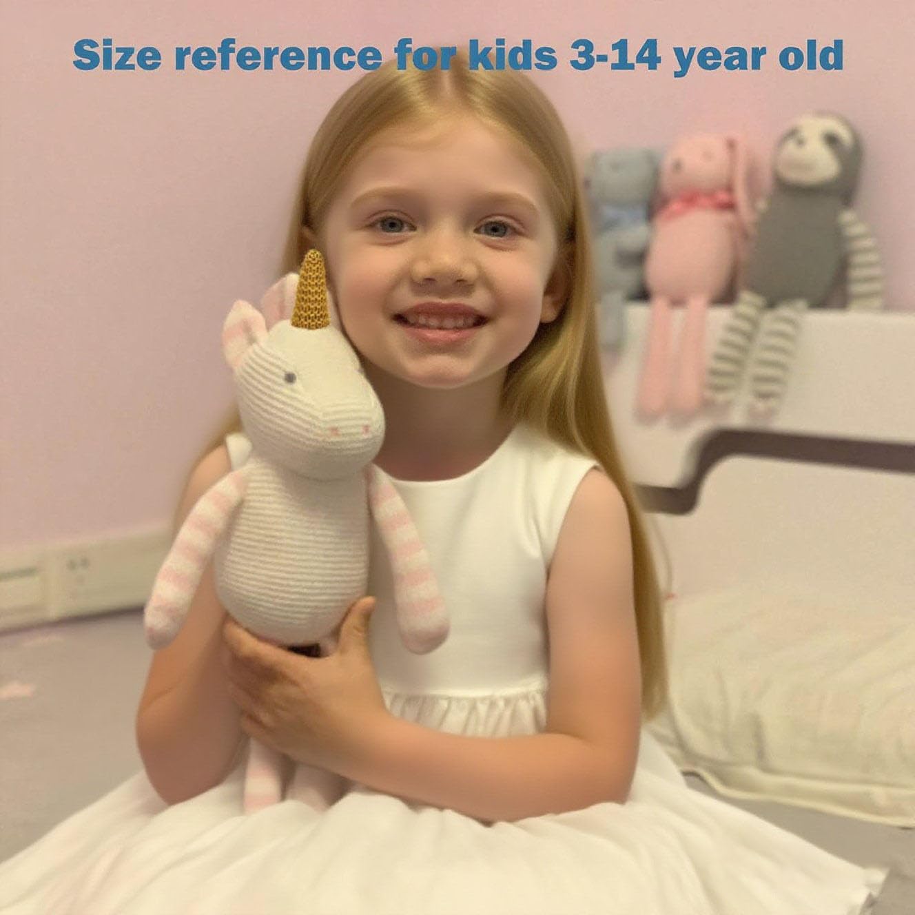 FLUFFYFUN pink unicorn plush care guide image demonstrates machine wash and air dry
