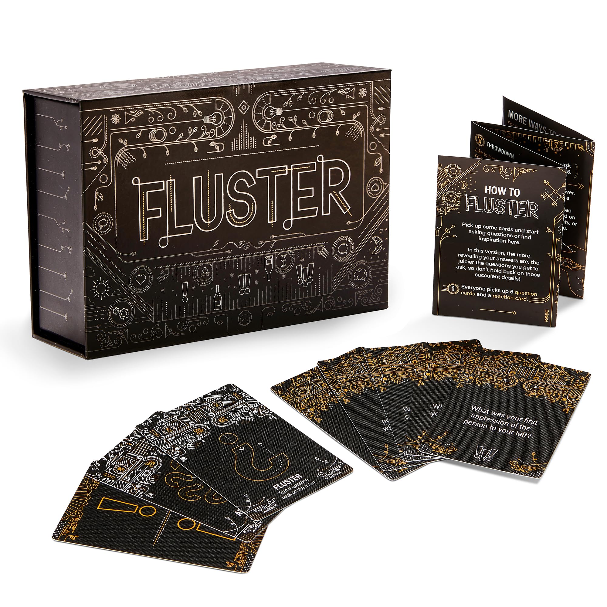 FLUSTER ice breakers deck shown with a sleek box for quick party conversations