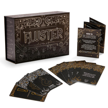FLUSTER ice breakers deck shown with a sleek box for quick party conversations