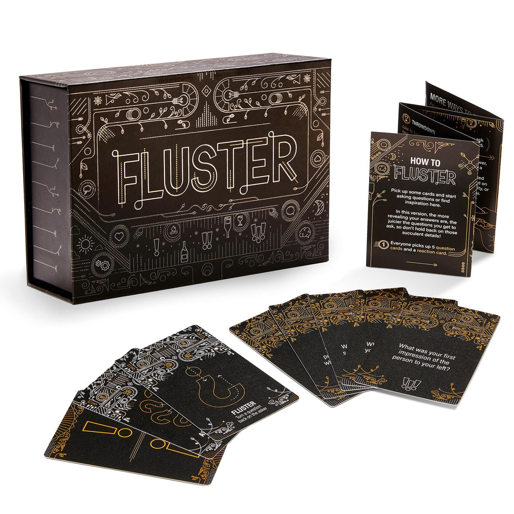 FLUSTER ice breakers deck shown with a sleek box for quick party conversations