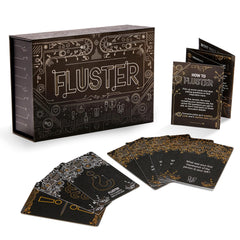 FLUSTER ice breakers deck shown with a sleek box for quick party conversations