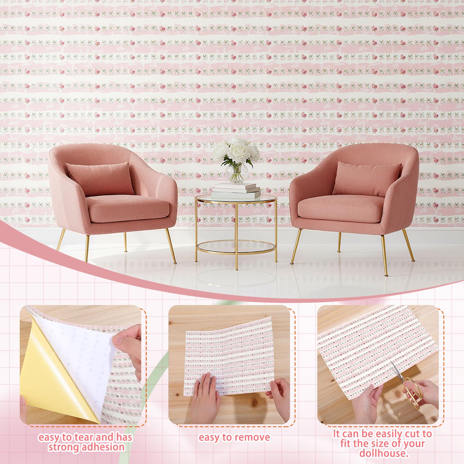 Flutesan pink flower wallpaper sheets transform dollhouse rooms swiftly.