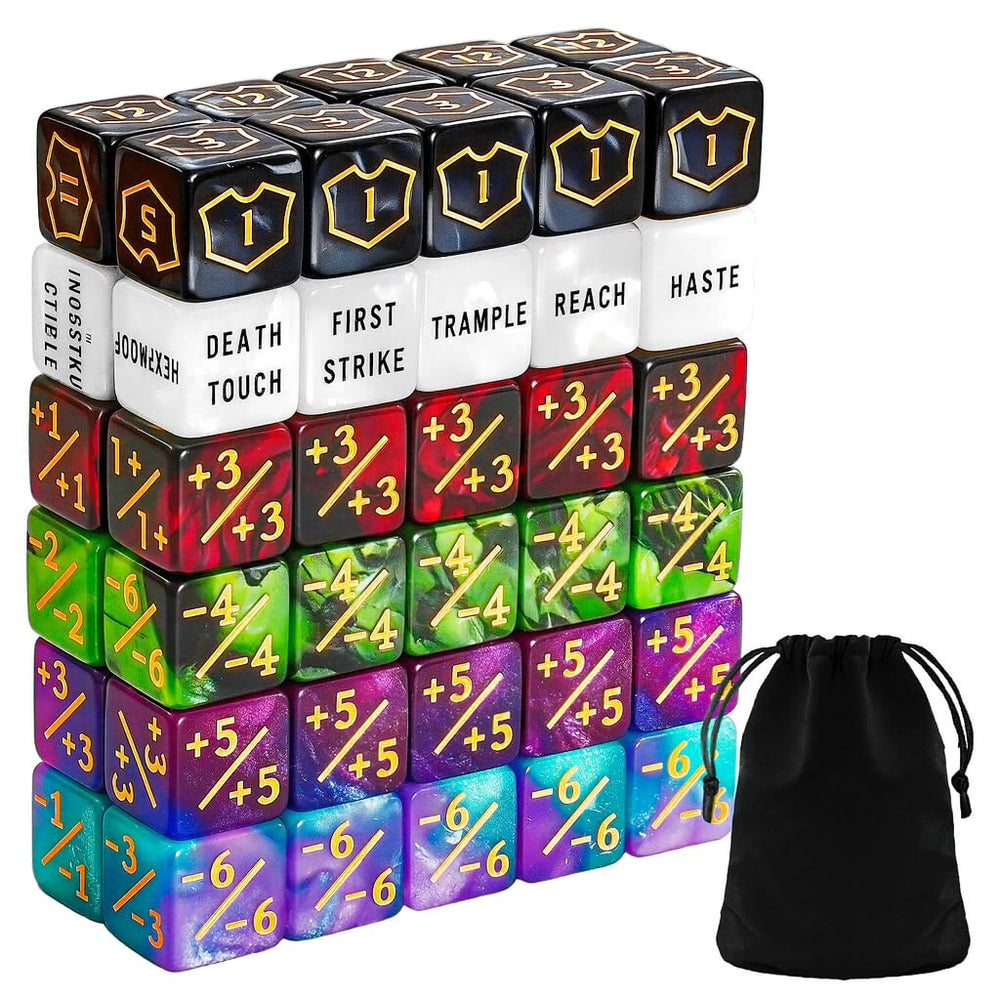 Flvdierd MTG keyword dice showing haste and first strike for combat tracking.