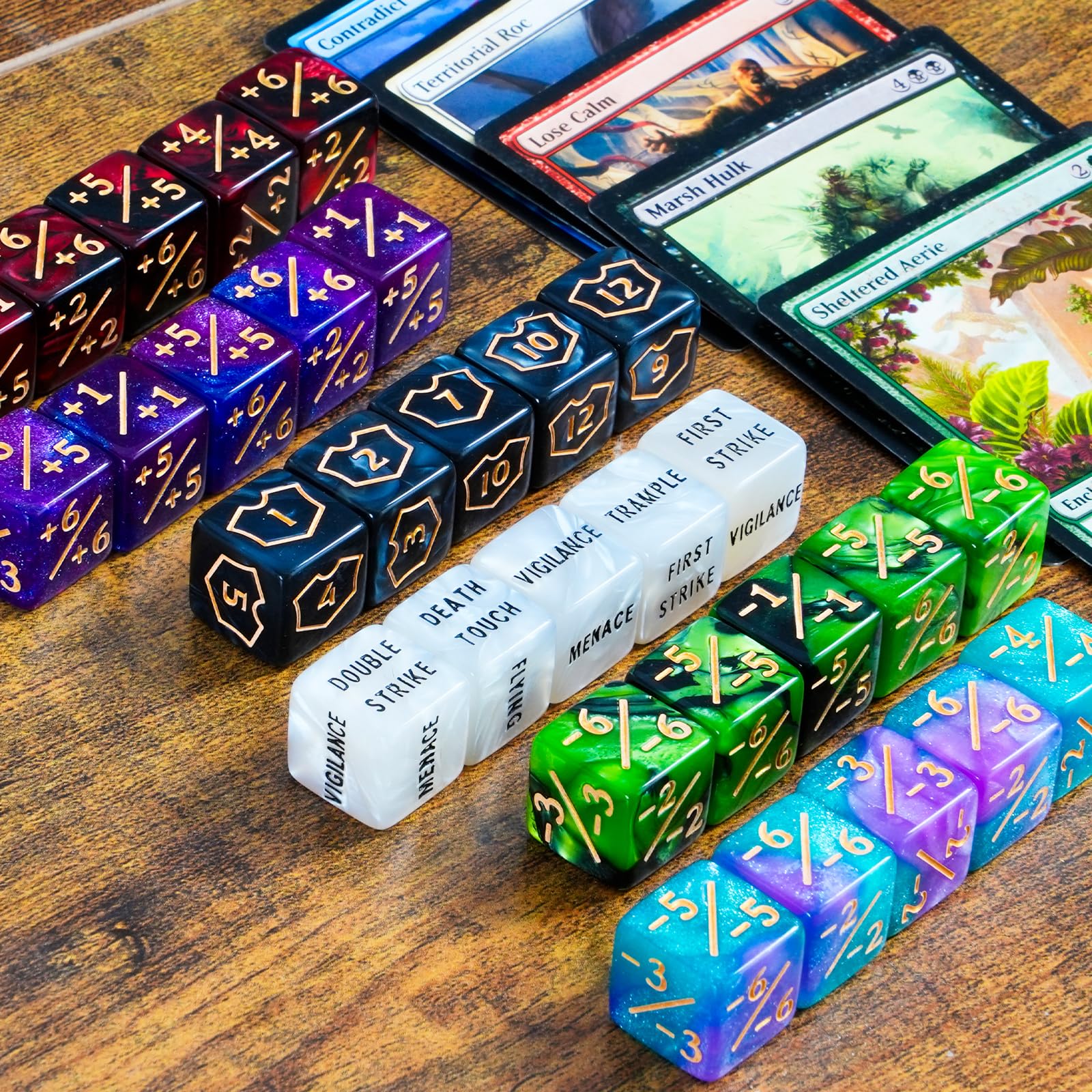 Flvdierd MTG keyword dice for indestructible and death touch counters.