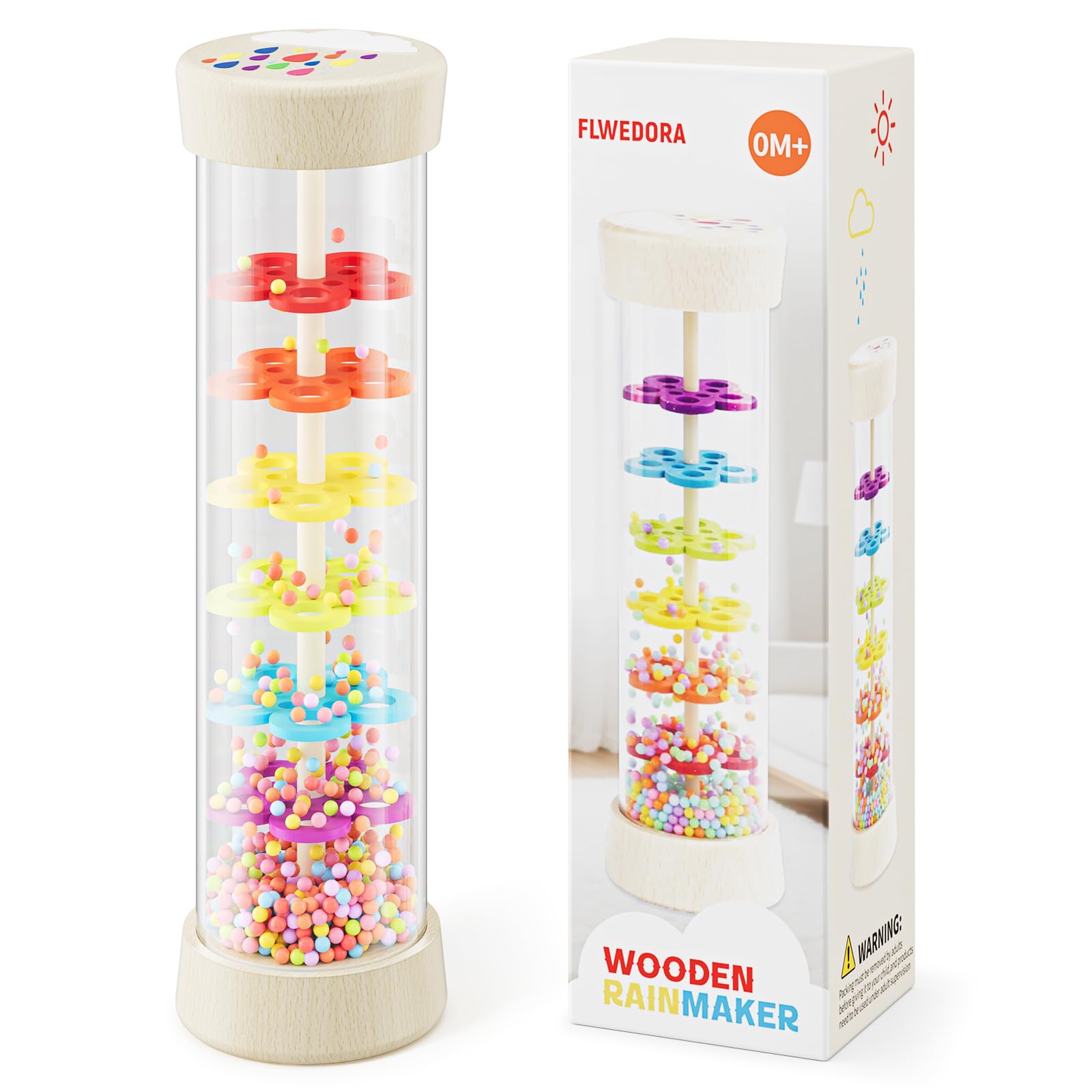 Flwedora Rainmaker Toy, angle view, soothing rain sounds and wooden craftsmanship.