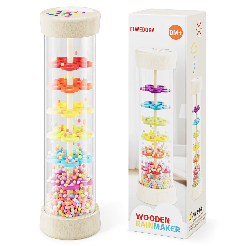 Flwedora Rainmaker Toy, angle view, soothing rain sounds and wooden craftsmanship.