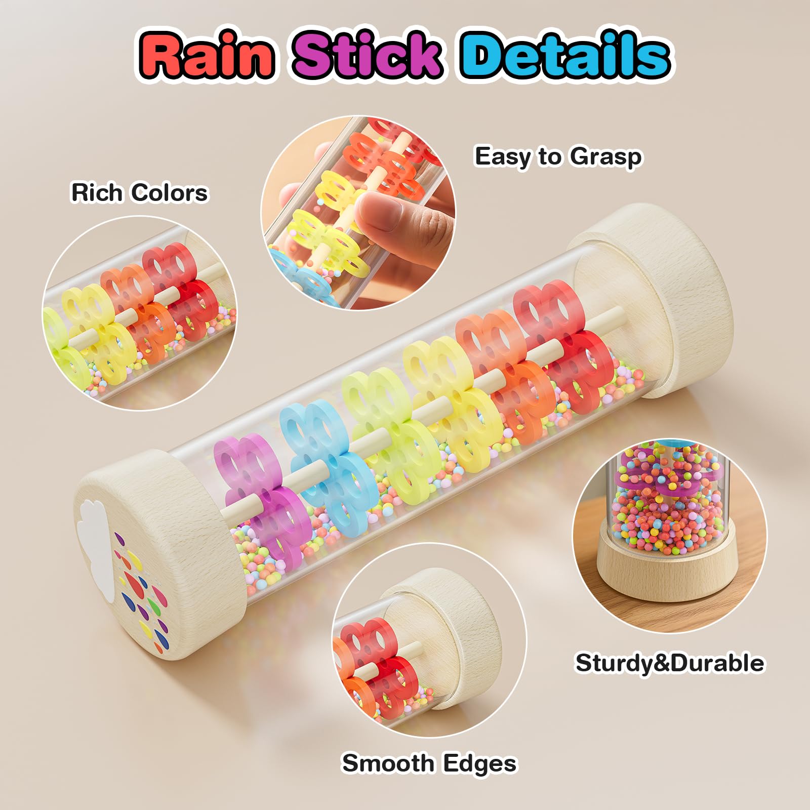 Flwedora Rainmaker Toy, colorful wooden beads, enhances color recognition during sensory play.