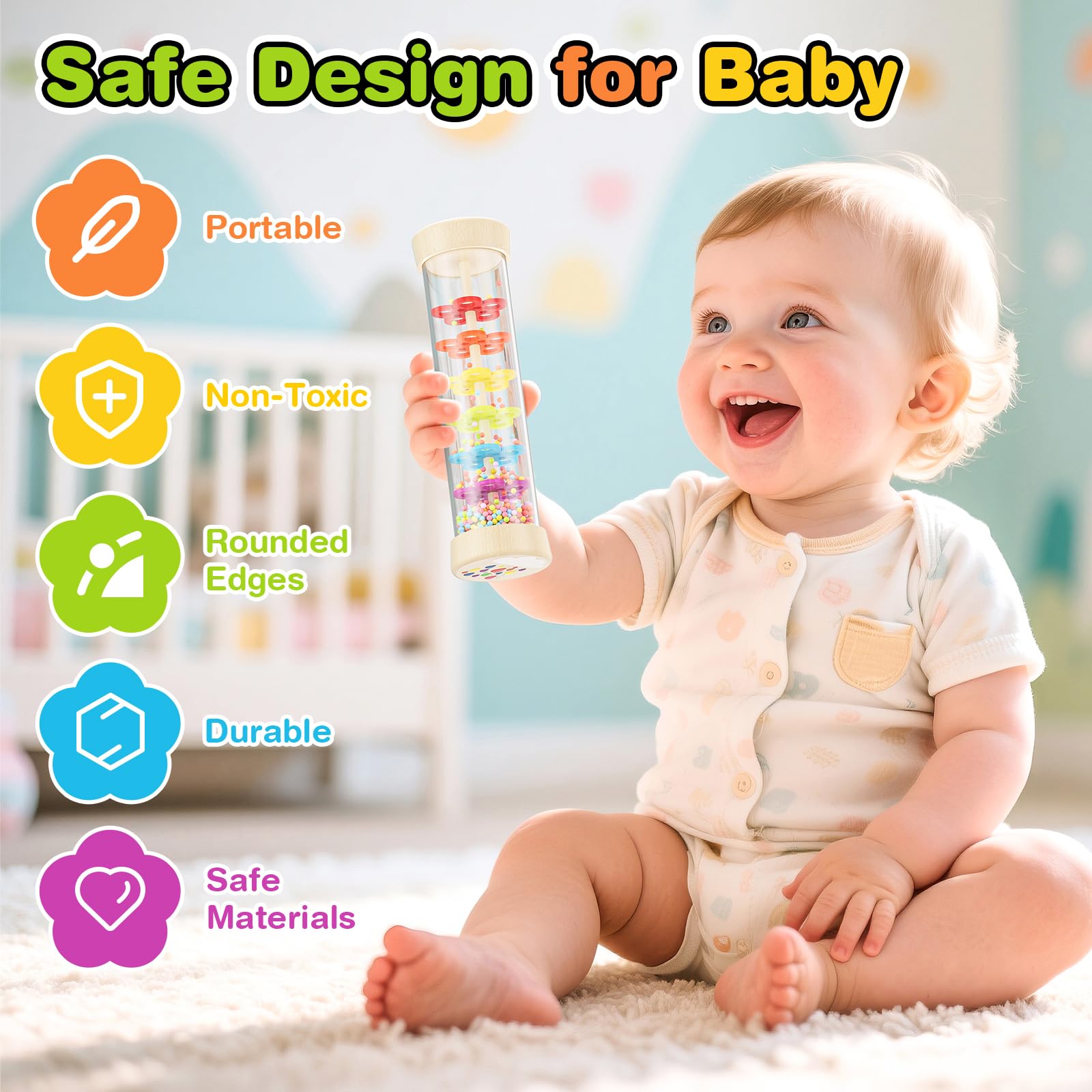 Flwedora Rainmaker Toy, top pour view, promotes rolling play and perception.