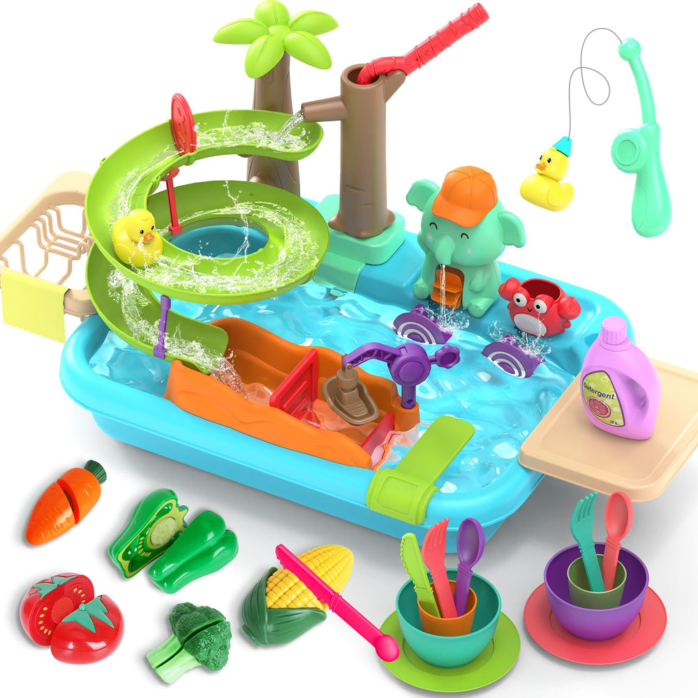 flybakiz 4-in-1 play kitchen sink with running water for imaginative pretend play.