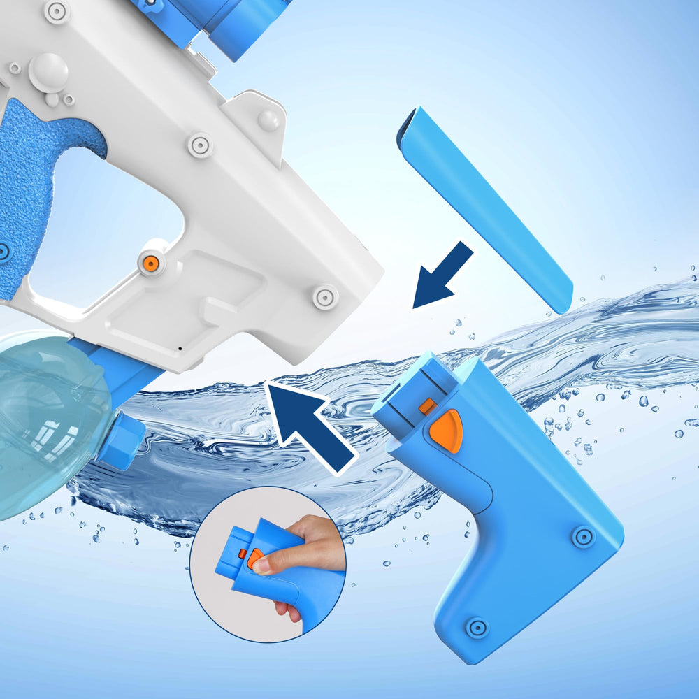 FlyBakiz blue water gun on a sunny beach scene for summer fun