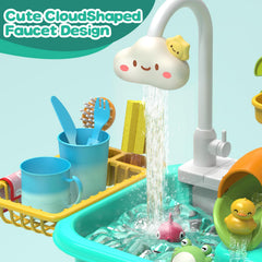 Flybakiz cloud-shaped faucet provides continuous water flow for realistic play.