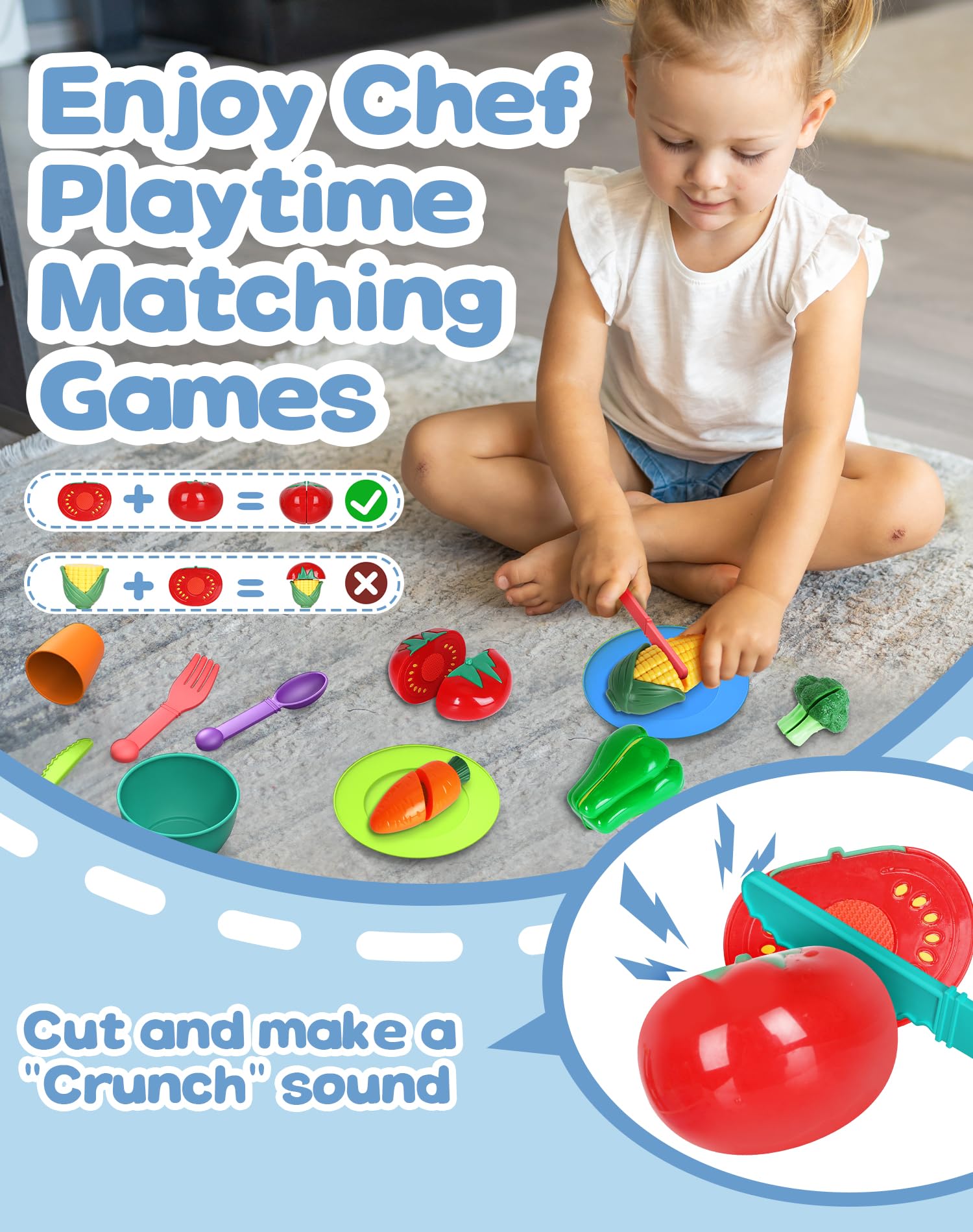 flybakiz cutting food pieces with self-stick velcro for safe slicing play.