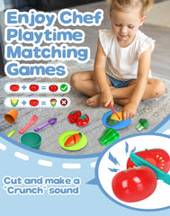 flybakiz cutting food pieces with self-stick velcro for safe slicing play.