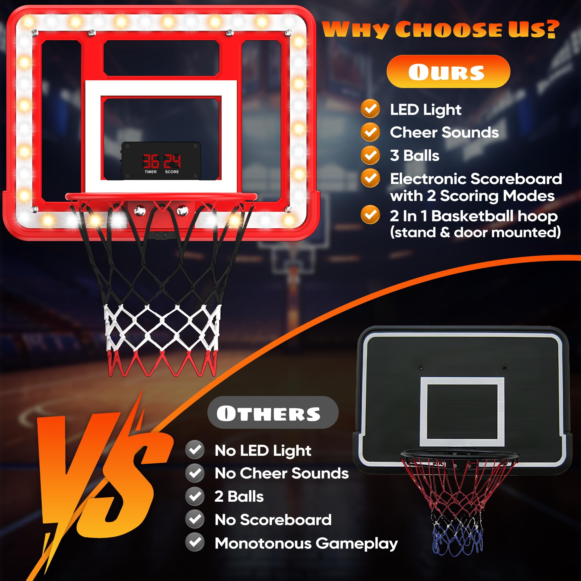 FlyBakiz hoop with scoreboard and timer motivates scoring during play.