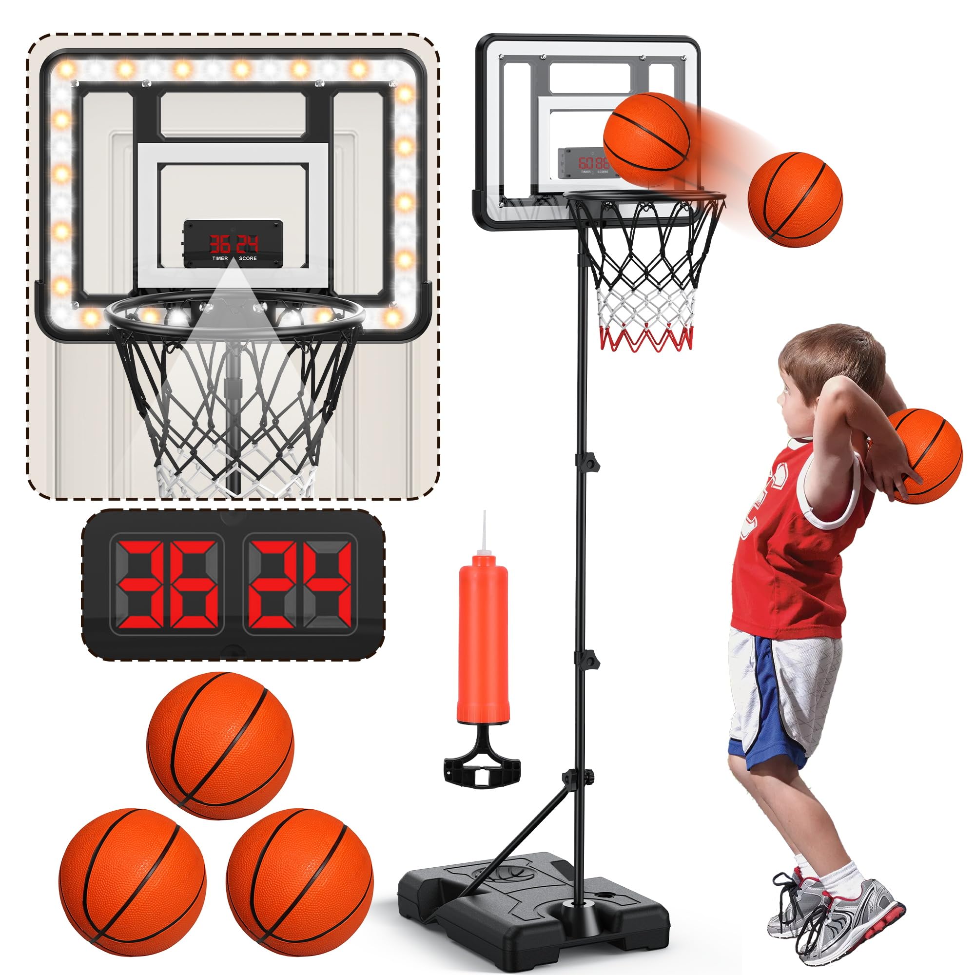 FlyBakiz kids indoor basketball hoop with scoreboard and timer enhances home practice.
