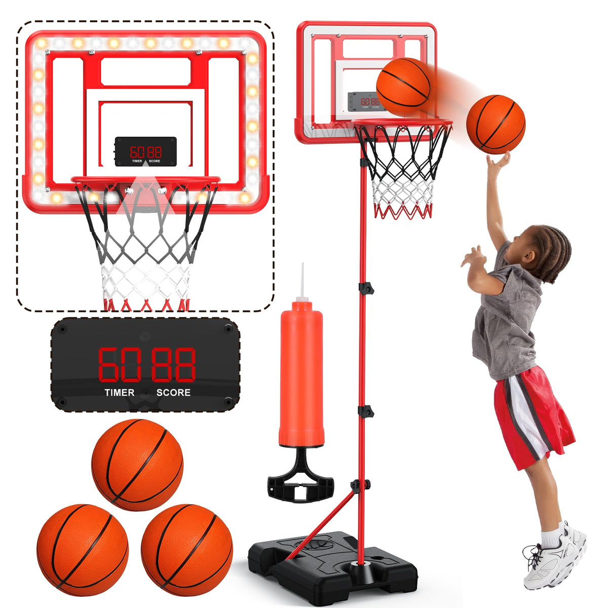FlyBakiz kids indoor basketball hoop stand with adjustable height for growing players.