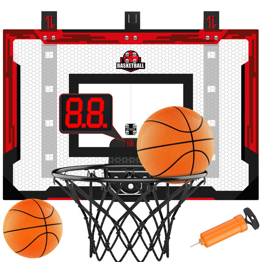 flybakiz over-the-door basketball hoop board for space-saving indoor play.