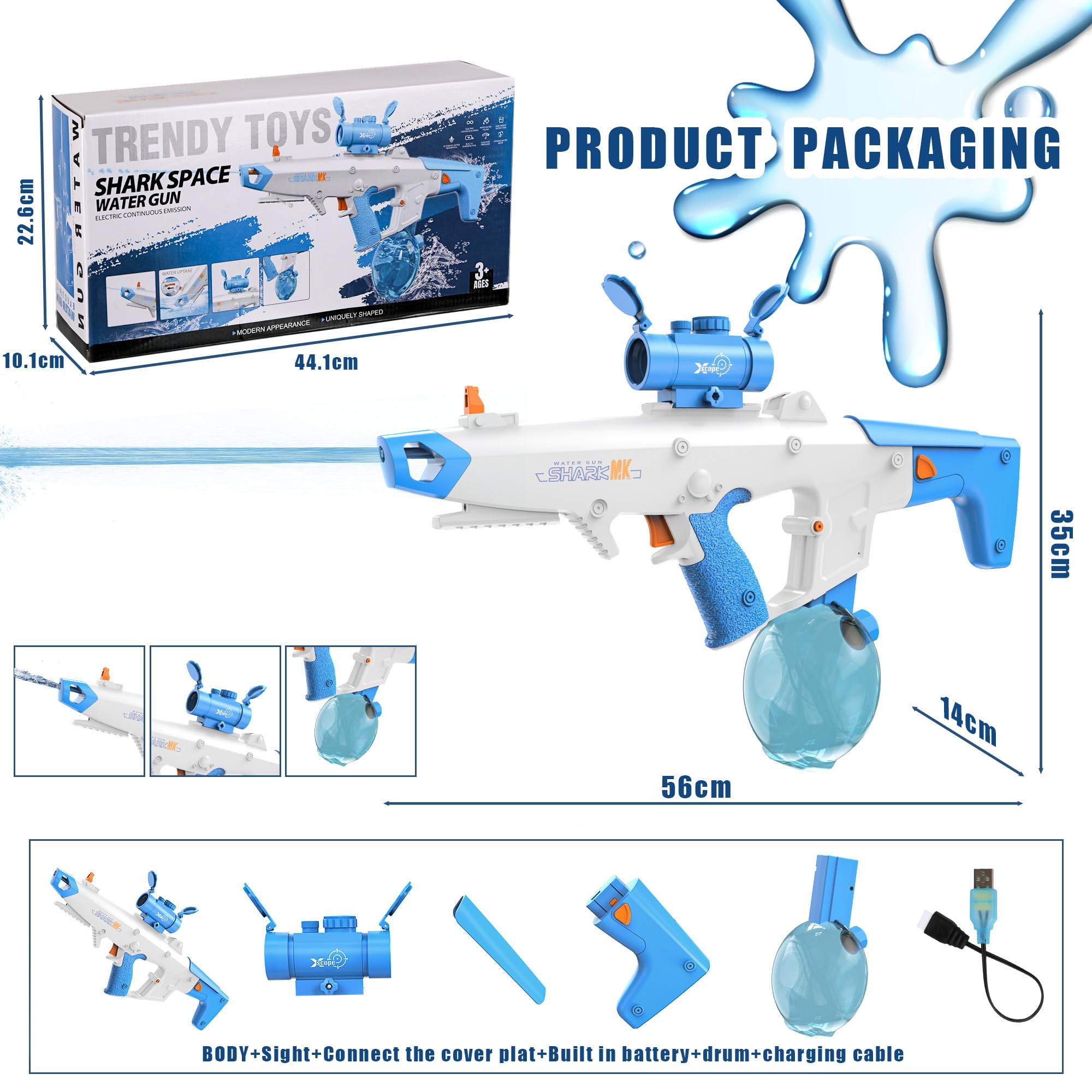 FlyBakiz box contents show gun, scope, battery, and tanks ready to use