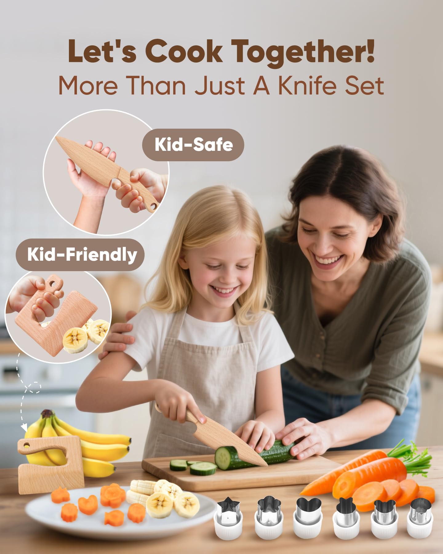 Flybean child-friendly wooden knife and rolling pin for safe pretend cooking