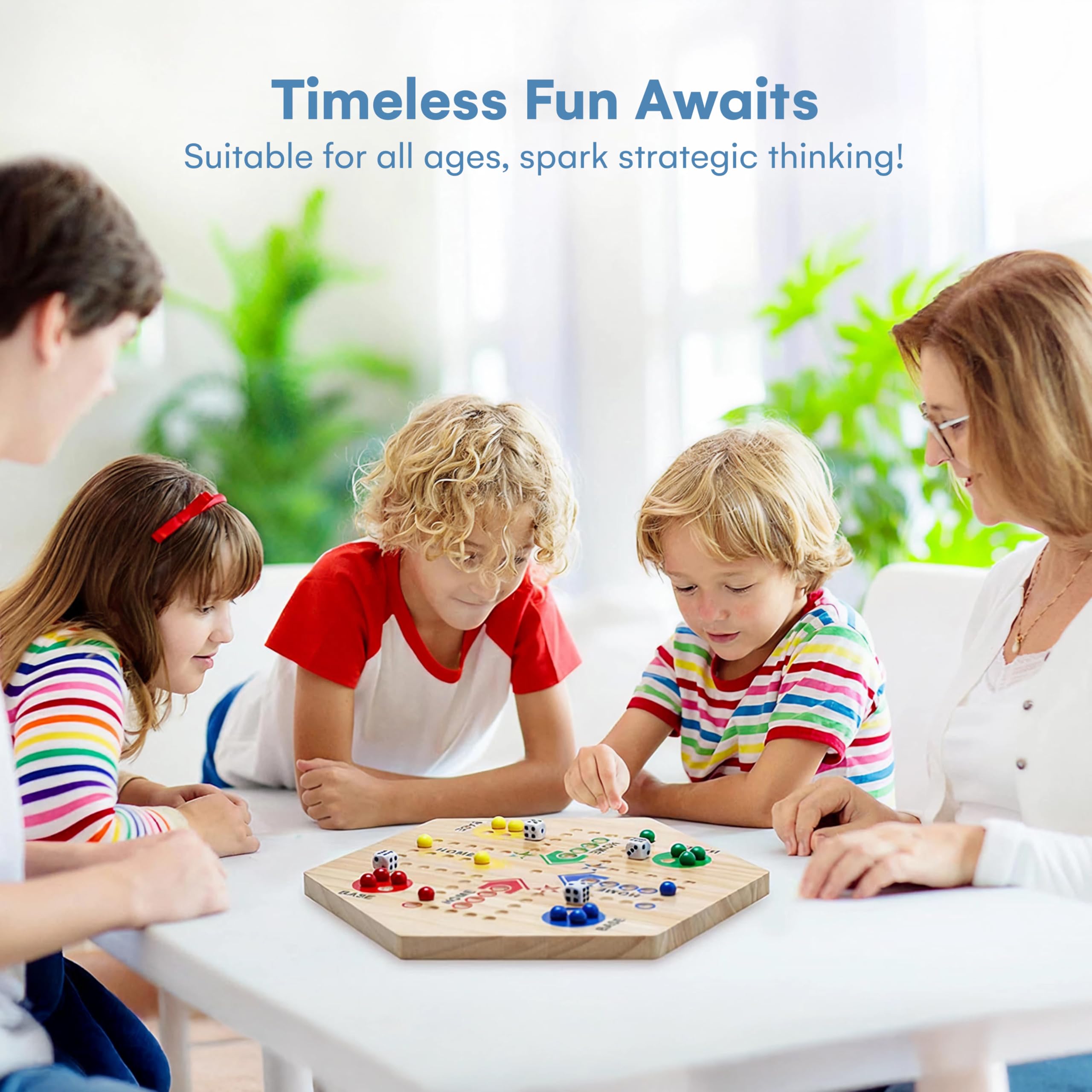 Flybold wooden marble board dice and marbles, vibrant pieces ideal for group play.