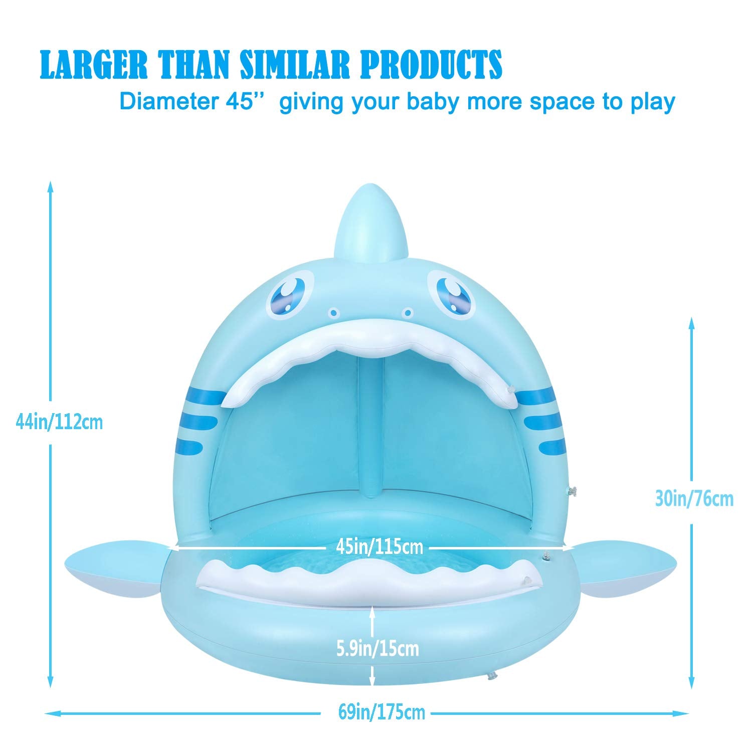 Flyboo shark pool canopy provides shade for safe sun play.