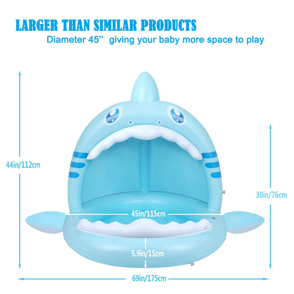 Flyboo shark pool canopy provides shade for safe sun play.