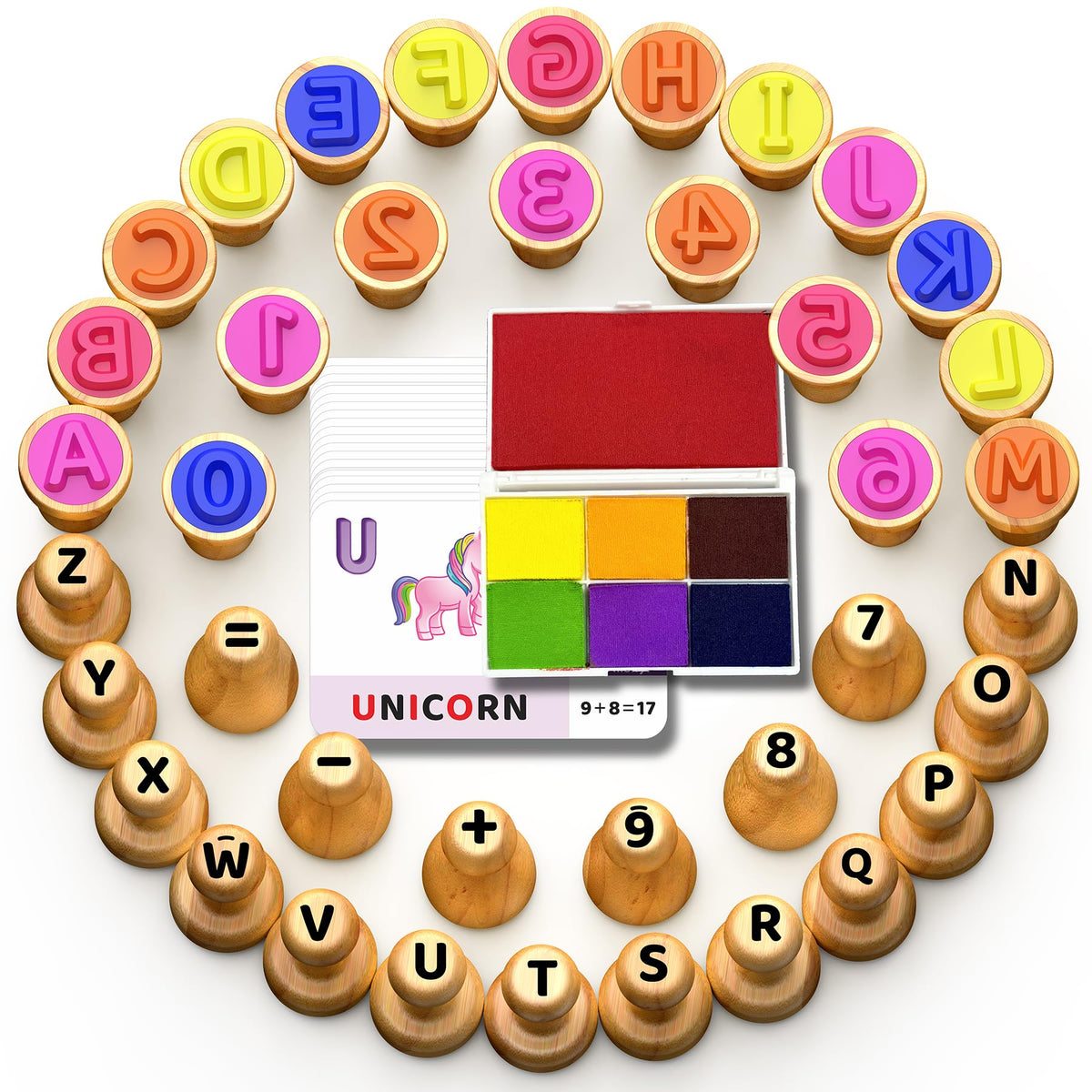 Flycoost letter stamps set with bright ink pads for alphabet learning fun.