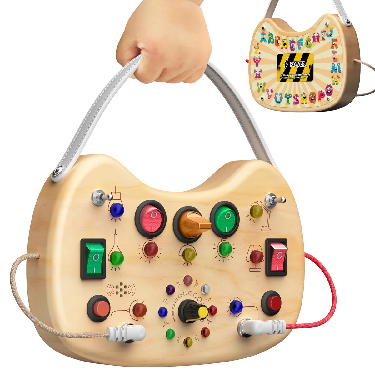 Flycoost Montessori busy board with 17 LED lights engages toddler visual play.