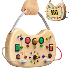 Flycoost Montessori busy board with 17 LED lights engages toddler visual play.