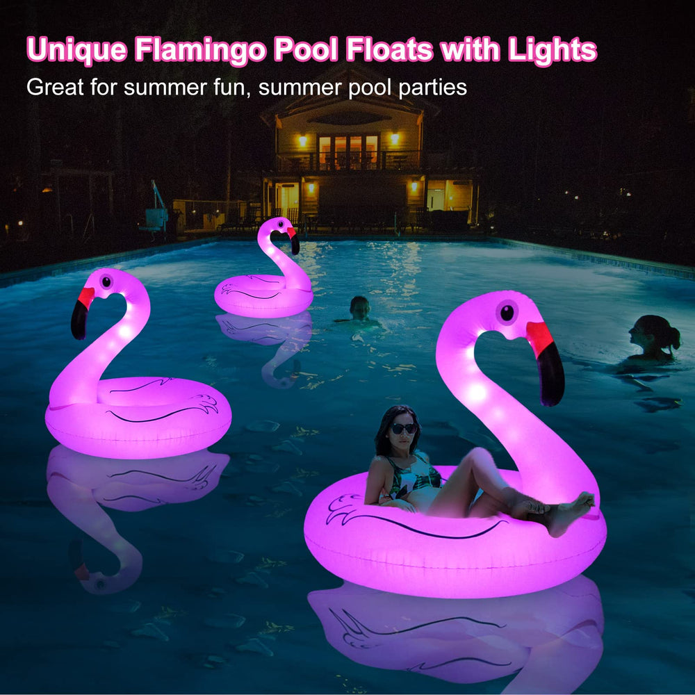 Nighttime glow on FlyfreeU flamingo pool float enhances outdoor party