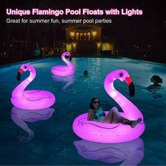 Nighttime glow on FlyfreeU flamingo pool float enhances outdoor party