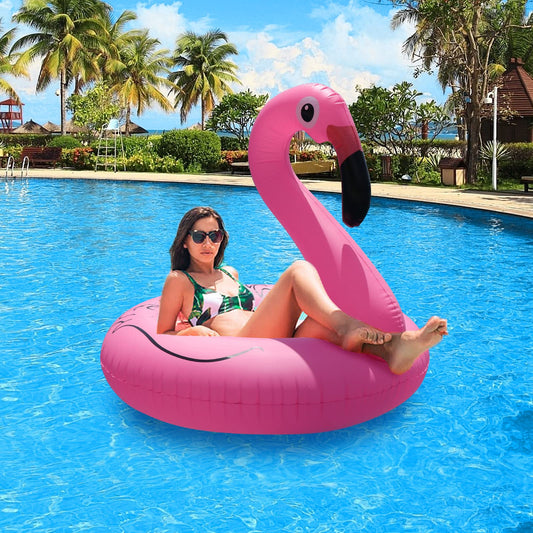 Solar-powered lights on FlyfreeU flamingo float charge in sun for glow after dusk