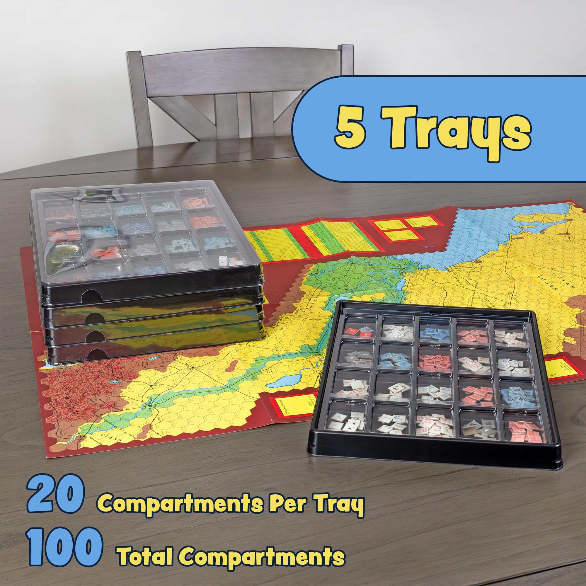Flying Buffalo black trays with clear lids keep pieces visible.