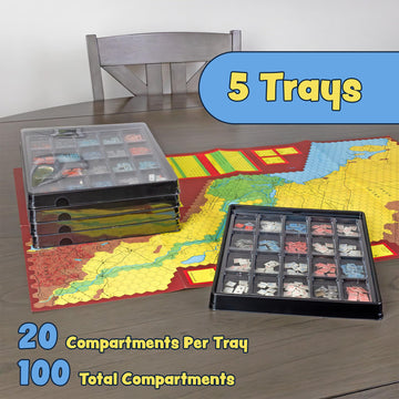 Flying Buffalo black trays with clear lids keep pieces visible.