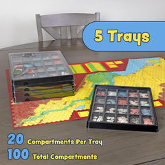 Flying Buffalo black trays with clear lids keep pieces visible.