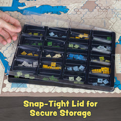 Flying Buffalo stackable trays save space on shelves.