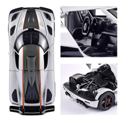 FLYKIRIN Koenigsegg One 1/32 door-open view shows dihedral synchro-helix doors for realism.