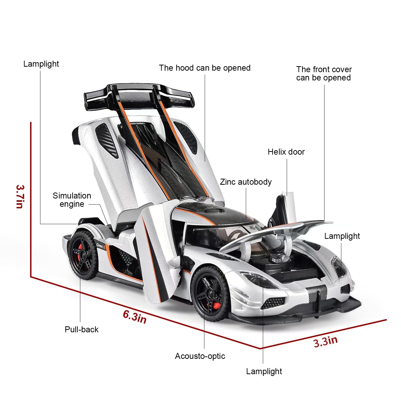 FLYKIRIN Koenigsegg One 1/32 light and engine sound features enhance play experiences.