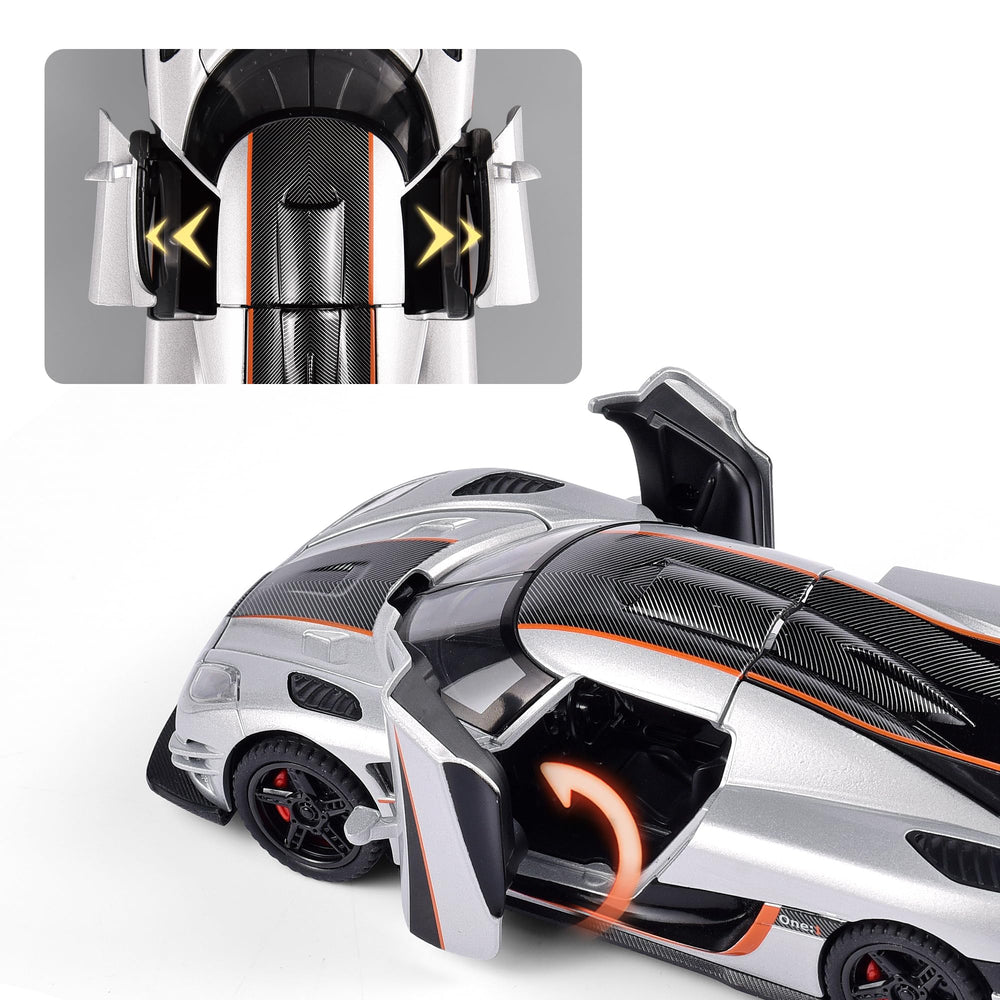 FLYKIRIN Koenigsegg One 1/32 side view emphasizes slim silhouette for shelf display.
