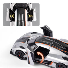 FLYKIRIN Koenigsegg One 1/32 side view emphasizes slim silhouette for shelf display.